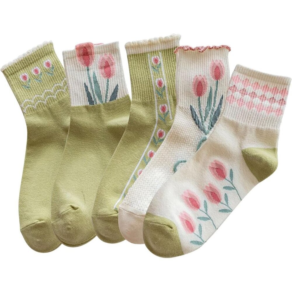 ❤️Womens Floral Socks Cotton Vintage Embroidered Casual Crew Girly Dress Socks